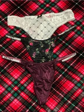 Victoria's Secret White Lace, Black Floral, and Plum Satin Thong Set